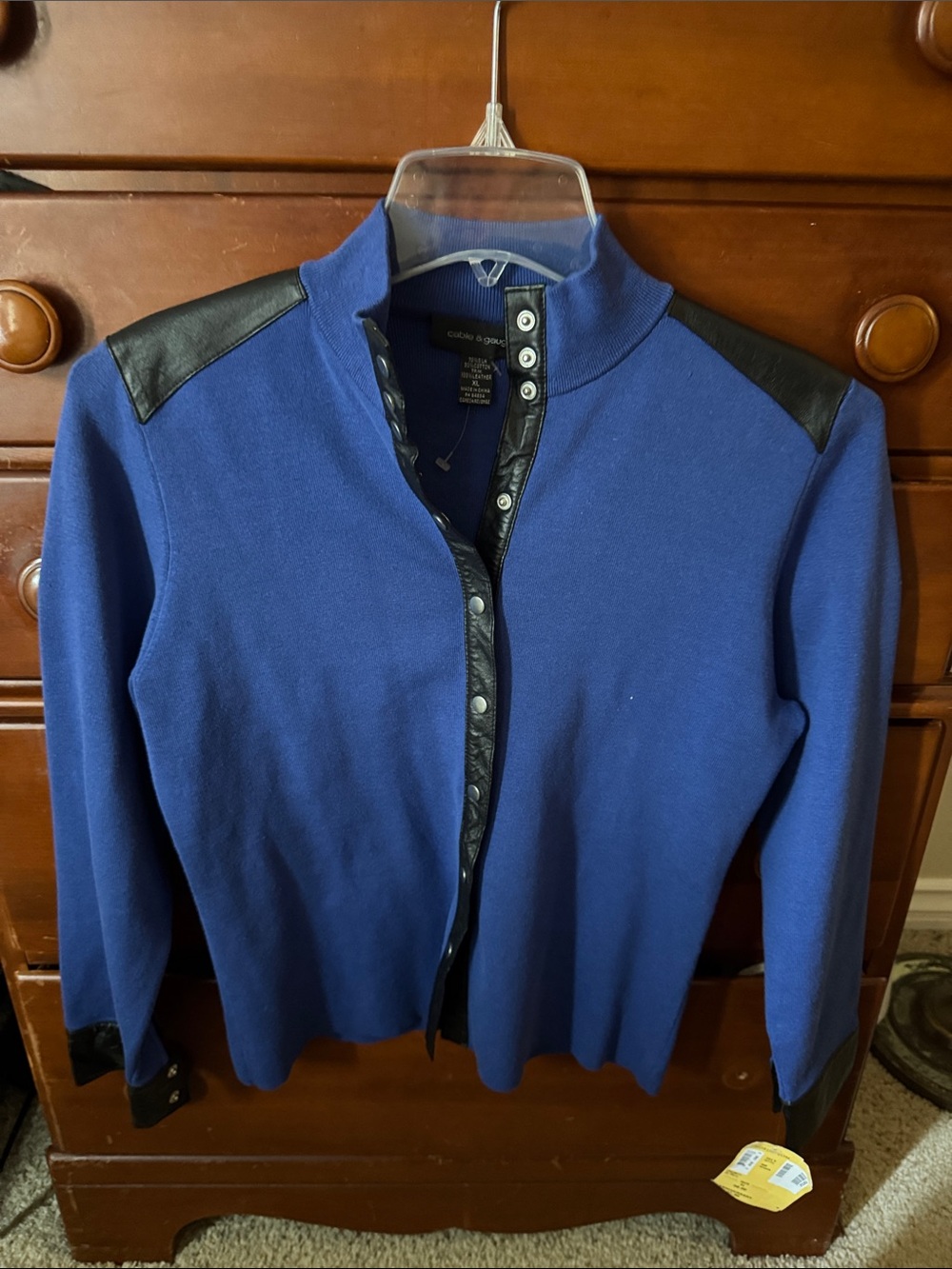Cable and Gauge Cobalt Blue Knit Jacket with Black Leather Accents